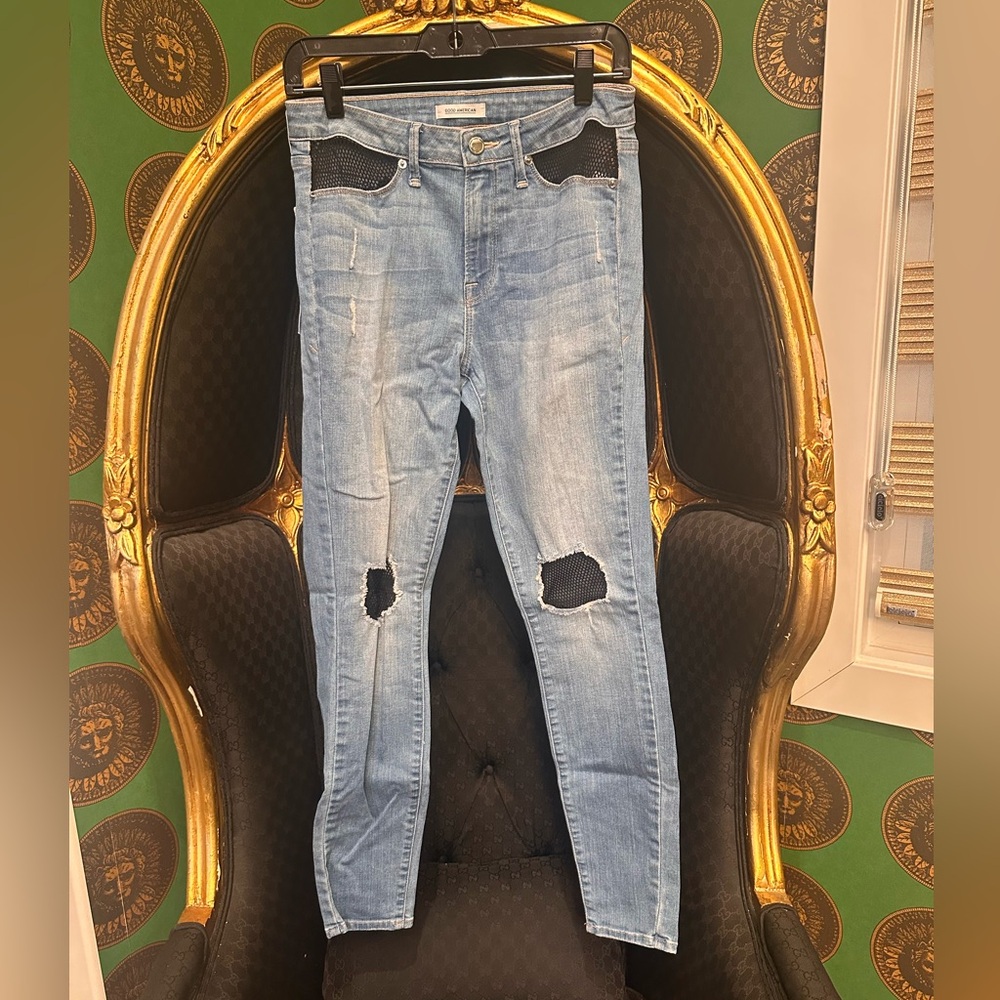 Good American Light Blue Jeans with Black Mesh, Size 27